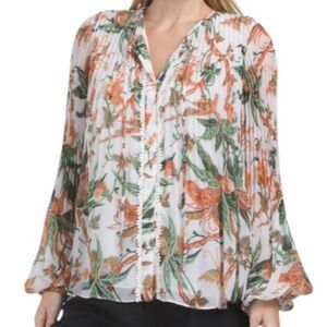 Kobi Halperin Helen Ivory Pleated Floral Printed Lace Detailed Blouse